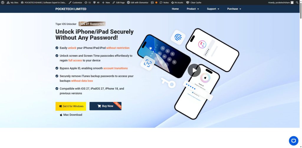 Tiger iOS Unlocker main interface with unlock options