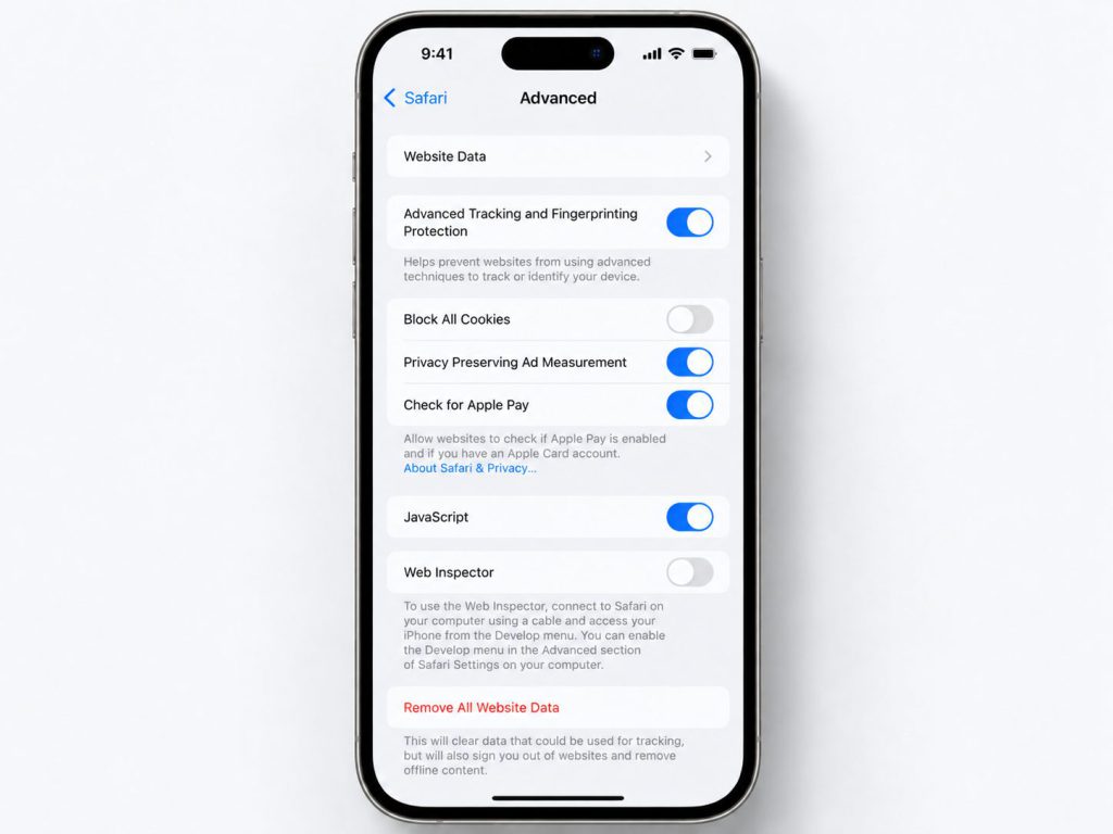 Illustration of Safari Advanced settings and Website Data on iPhone