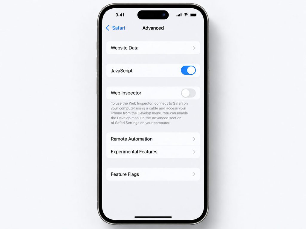 Illustration of the JavaScript setting in Safari Advanced options on iPhone
