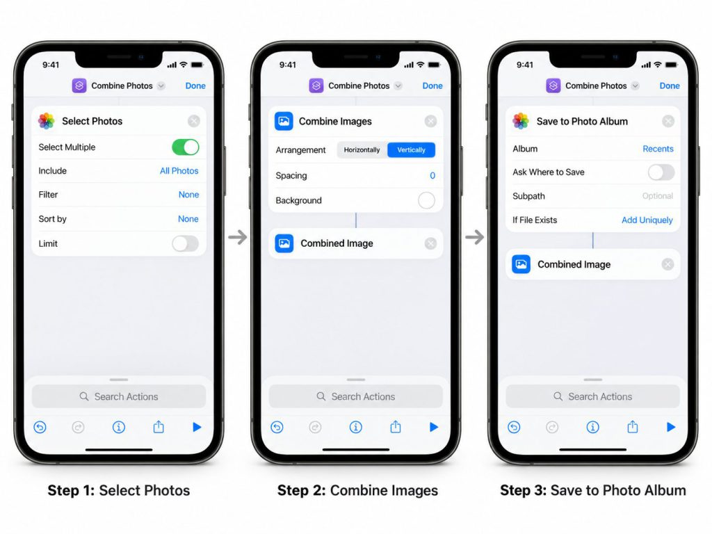 How to combine WhatsApp screenshots on iPhone using Apple Shortcuts: Select Photos, Combine Images vertically, and Save to Photo Album.